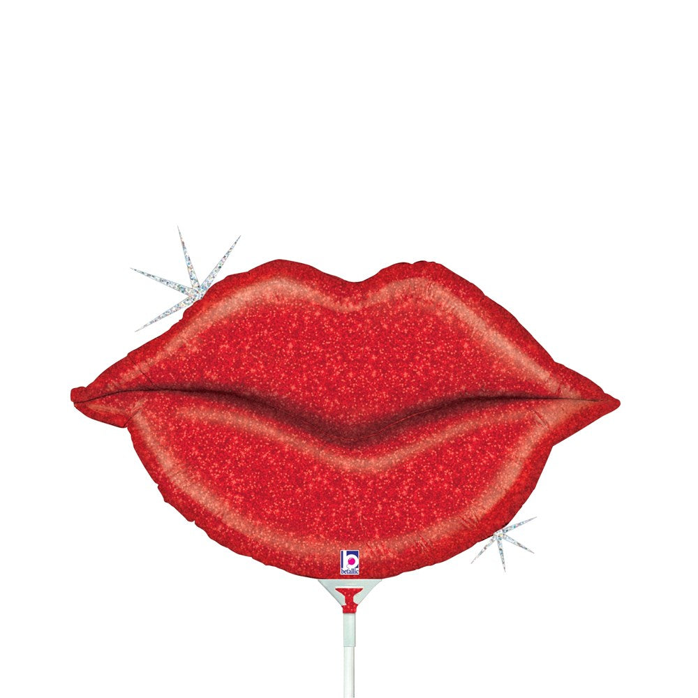 Red holographic foil balloon shaped like glittery lips with a shiny finish, 14 inches tall.