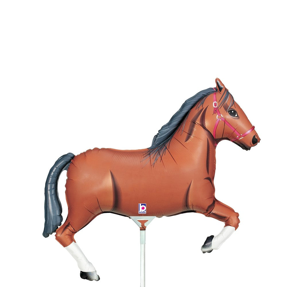 Brown horse-shaped foil balloon with black mane and tail, white hooves, and pink bridle details, 14 inches tall.