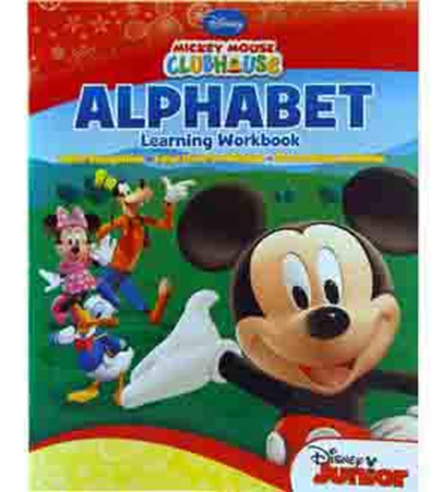 Colorful Mickey Mouse Clubhouse alphabet learning workbook with Mickey, Minnie, Goofy, and Donald characters on cover.