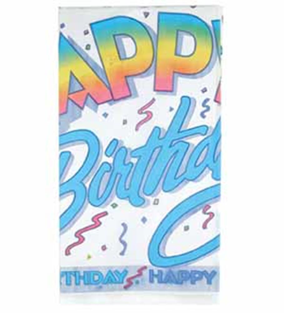 White tablecover with colorful "Happy Birthday" text in rainbow and blue, decorated with confetti and streamers.