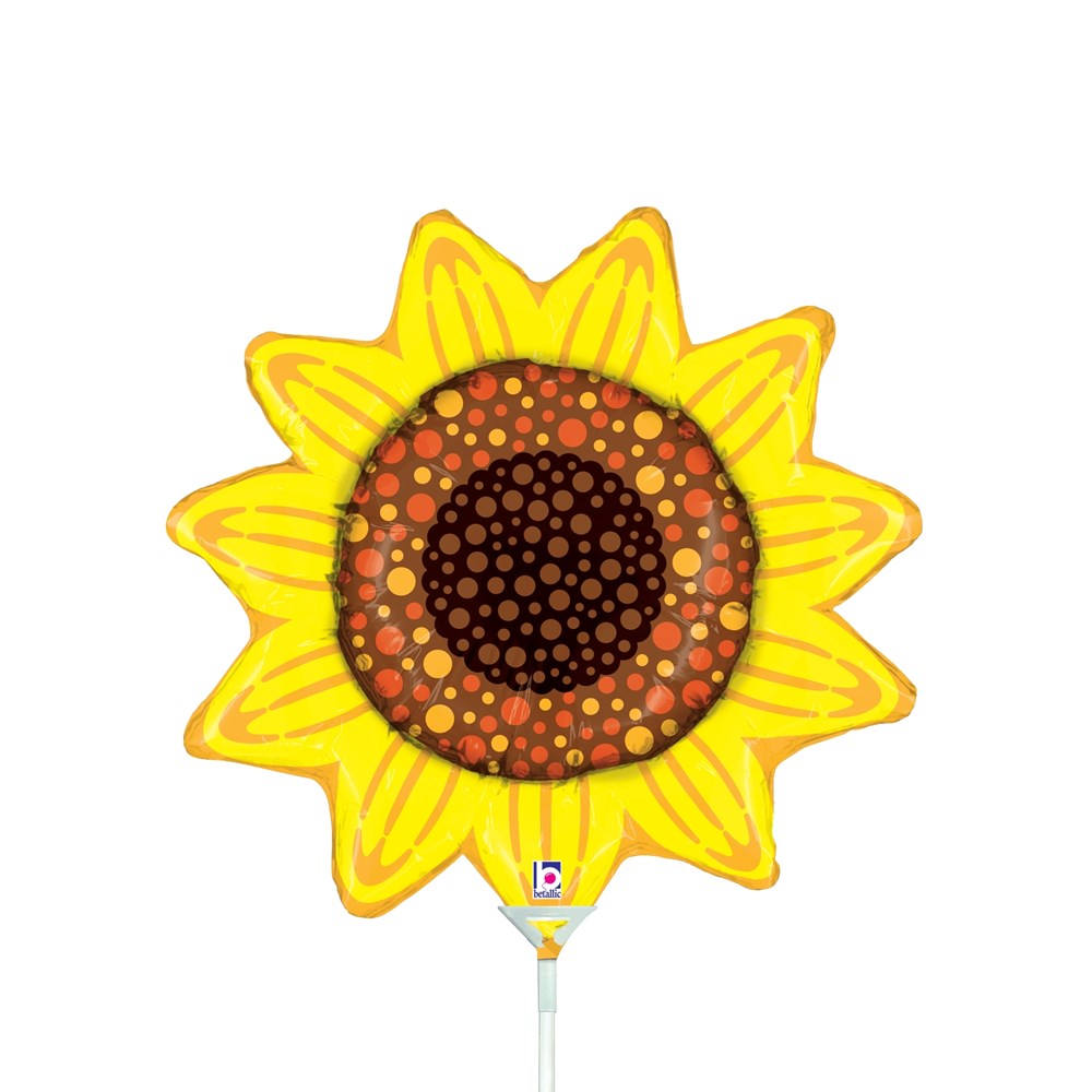 Bright yellow sunflower-shaped foil balloon with a brown and orange dotted center, 14 inches wide.