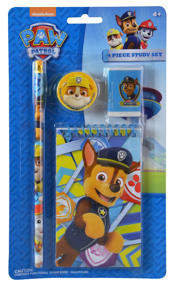Paw Patrol study kit with blue pencil, round yellow sharpener, small notebook, and blue eraser featuring Chase character.