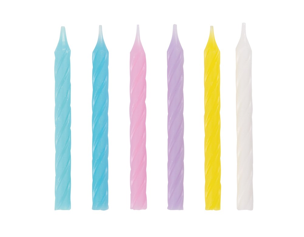 Assorted pastel-colored spiral birthday candles in blue, pink, purple, yellow, and white, six shown upright.