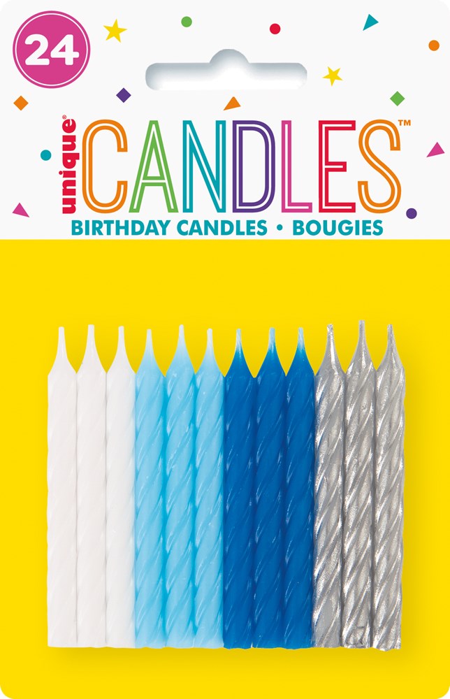 24 blue, white, and silver spiral birthday candles in assorted shades with pointed tips.