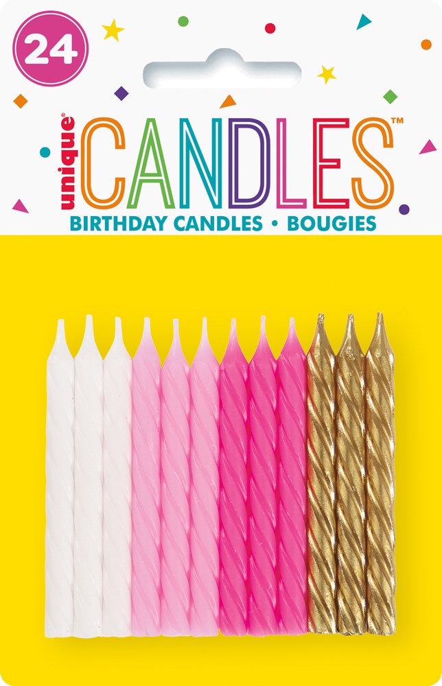 24 pink, white, and silver spiral birthday candles in a clear plastic pack on a yellow backing with colorful confetti design.