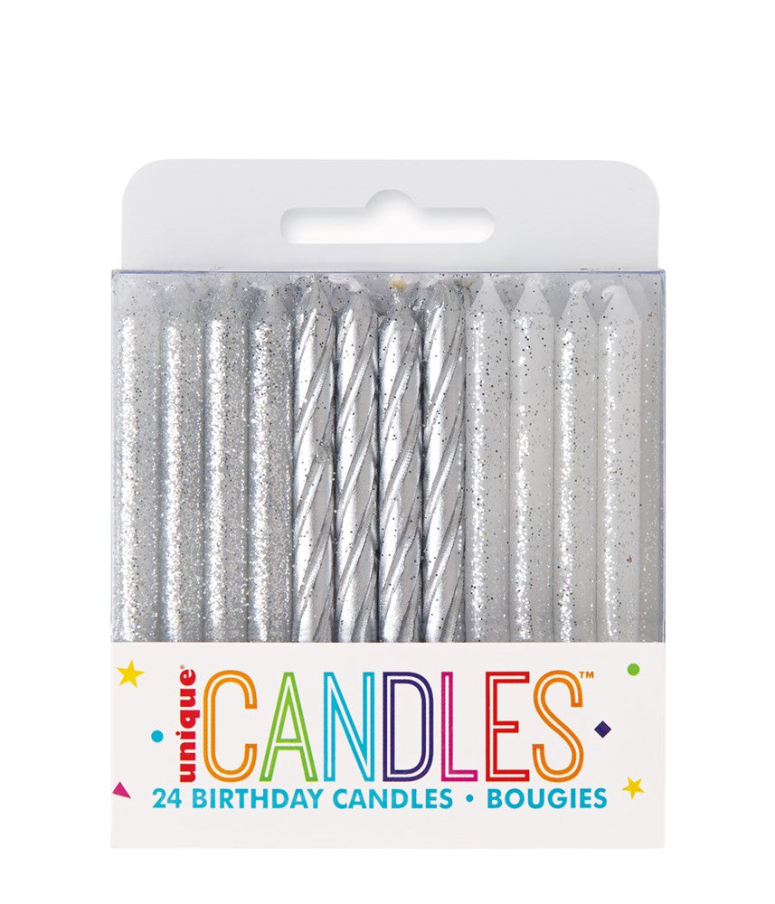 24 silver birthday candles with glitter, slender and tapered, 24-count pack.