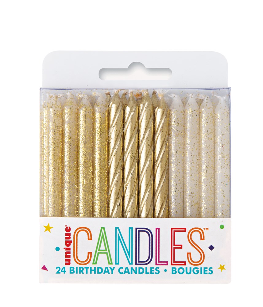 Assorted gold spiral and glitter birthday candles in a 24-count pack with sparkling finish.