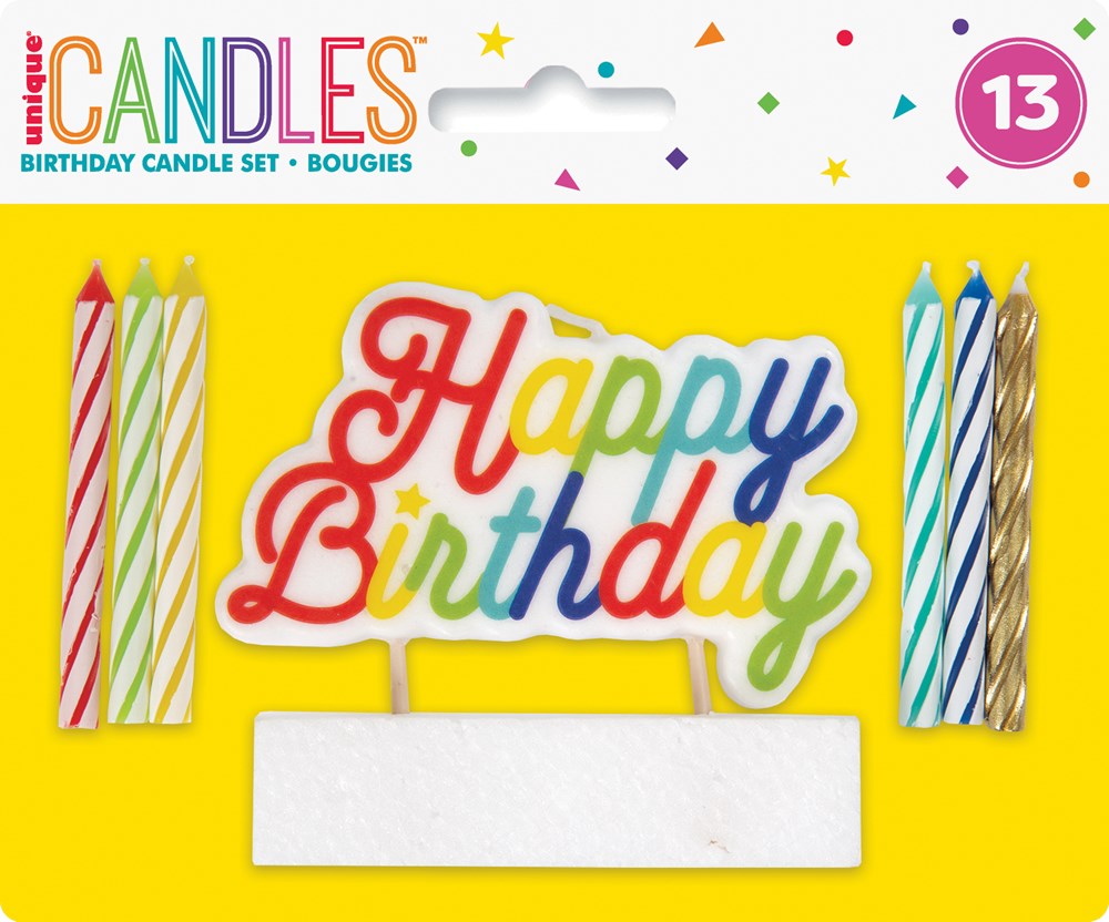 Set of 12 striped birthday candles in red, green, yellow, and blue with a large multicolored "Happy Birthday" pick on a.