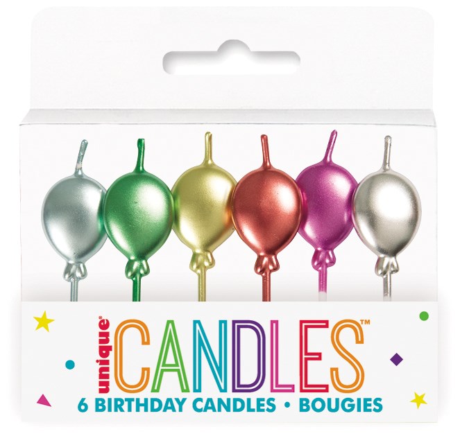 Set of six metallic balloon-shaped birthday candles in silver, green, gold, red, pink, and silver colors in clear blister.