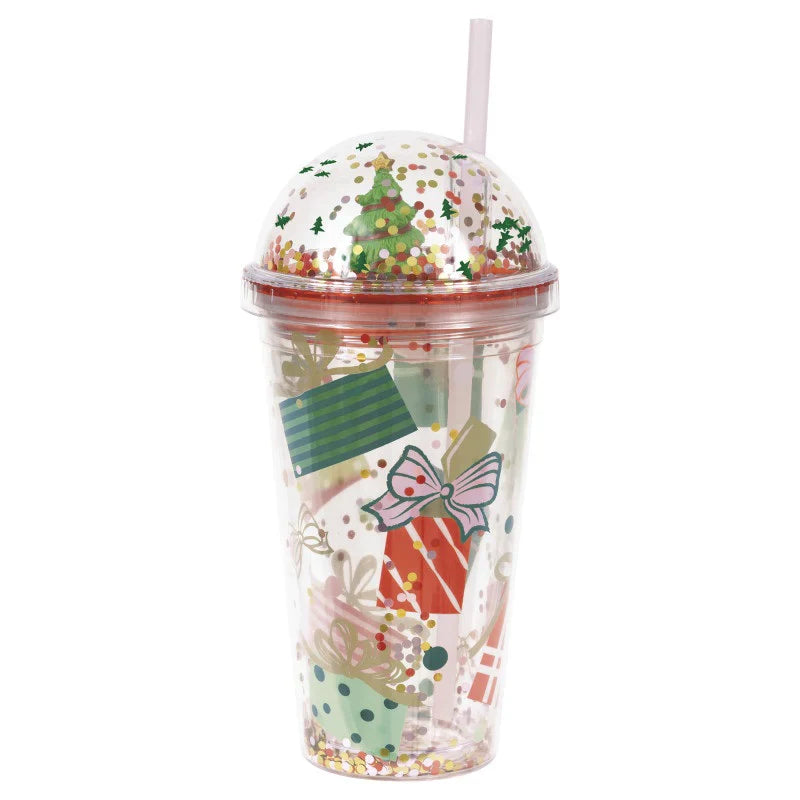Clear 18oz plastic tumbler with red lid, clear straw, and colorful Christmas gift and tree designs.