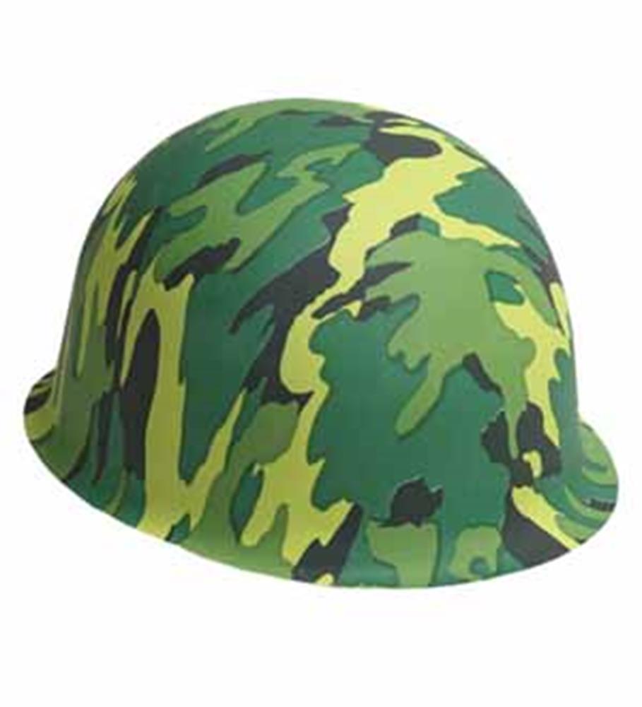 Green and yellow plastic hat with camouflage pattern, rounded shape and smooth surface.