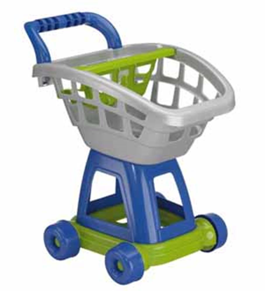 Plastic toy shopping cart in gray, blue, and green with a basket and four wheels.