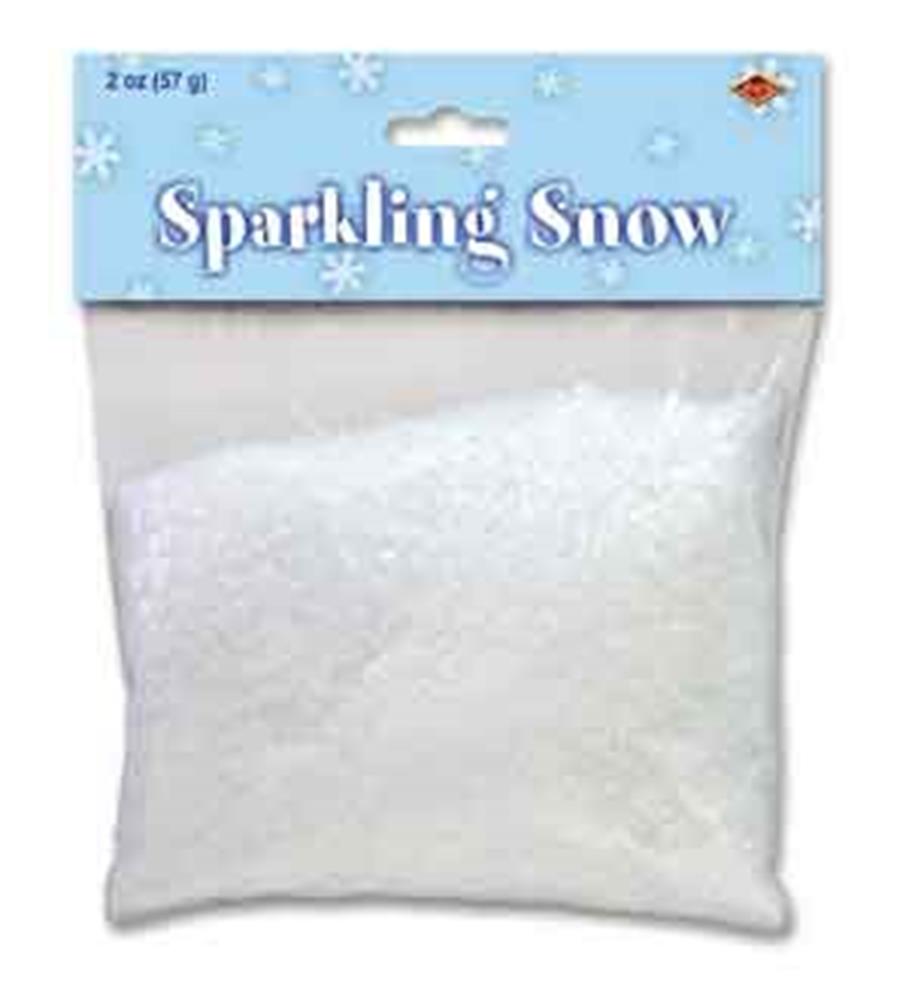 Clear plastic bag of white sparkling snow decoration with blue label and snowflake design.
