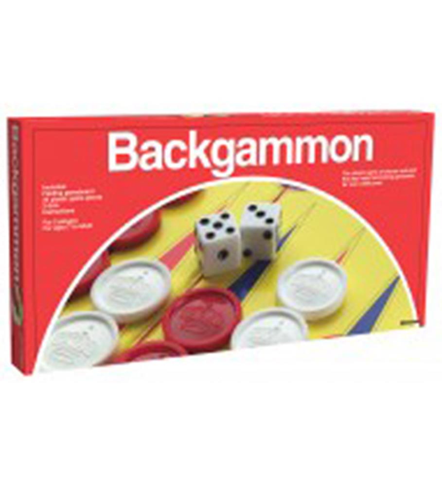 Red folding backgammon board packaging featuring white and red playing pieces and black-dotted white dice.