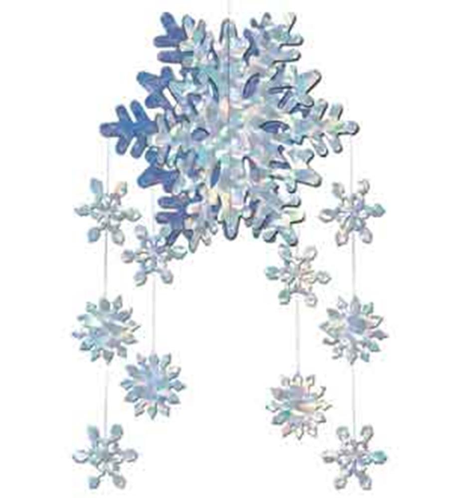 Holographic blue 3D snowflake mobile with multiple hanging snowflakes on strings.