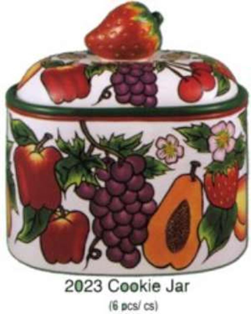 Ceramic cookie jar with colorful fruit illustrations including strawberries, grapes, bell peppers, papaya, and cherries on a