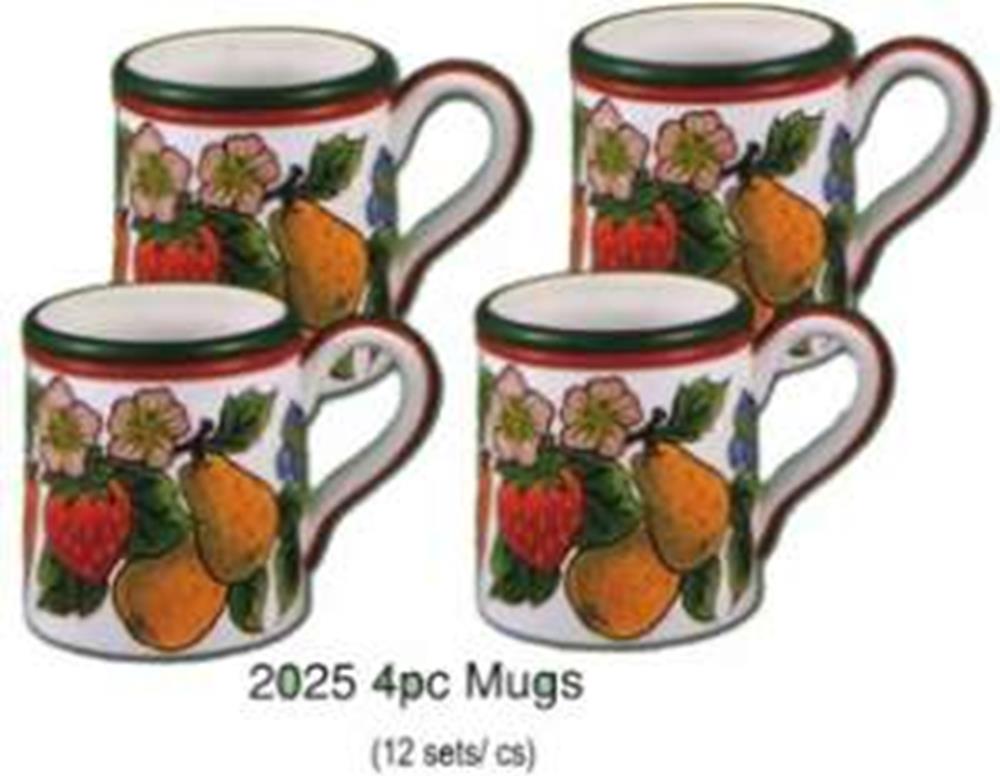 Set of four ceramic mugs with colorful fruit designs featuring strawberries and pears, each with a dark green rim and curved