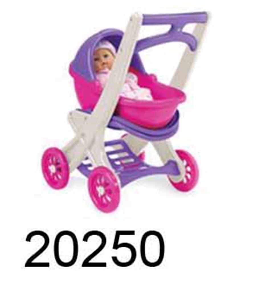 Pink and purple toy doll stroller with white frame and four wheels, holding a baby doll in seat.