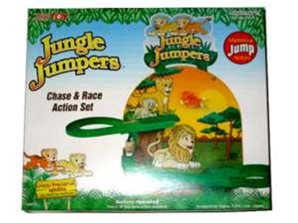 Green plastic jungle-themed toy launcher with lion, tiger, and monkey figures on colorful cardboard packaging.