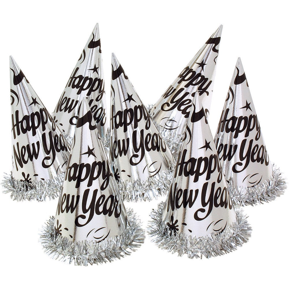 Silver foil cone party hats with black "Happy New Year" text and silver tinsel trim at the base.