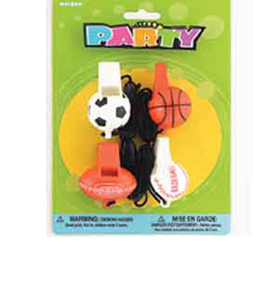Set of four colorful plastic sports whistles shaped like a soccer ball, basketball, baseball, and football on black lanyards.