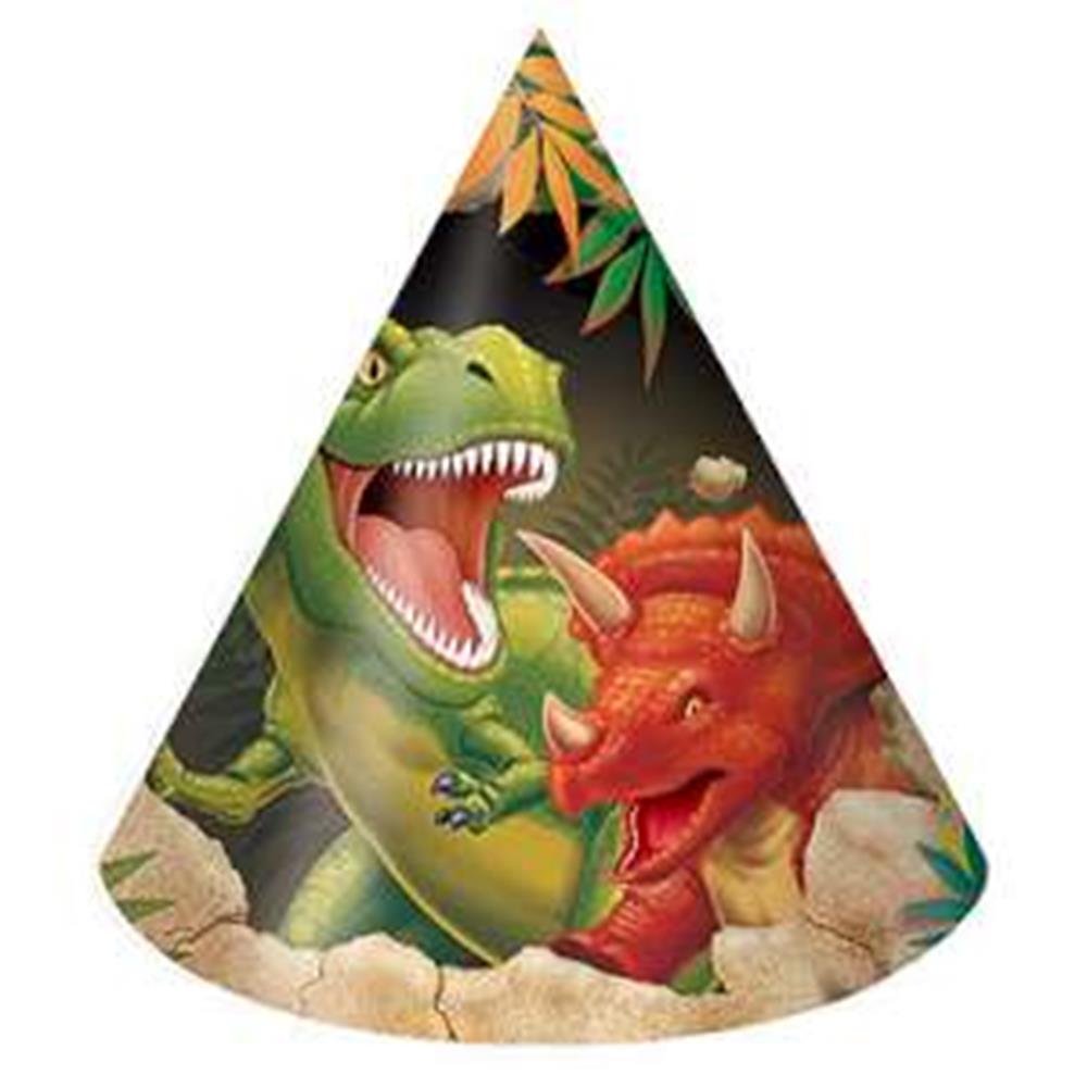 Cone-shaped party hat with colorful roaring green T-Rex and red Triceratops dinosaur design on a black background.