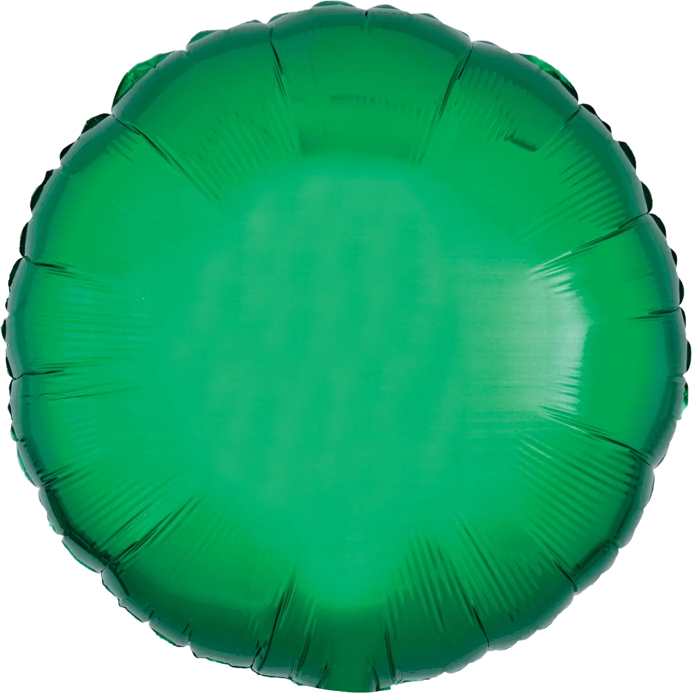 Round metallic green foil balloon with smooth shiny surface and 17-inch diameter.