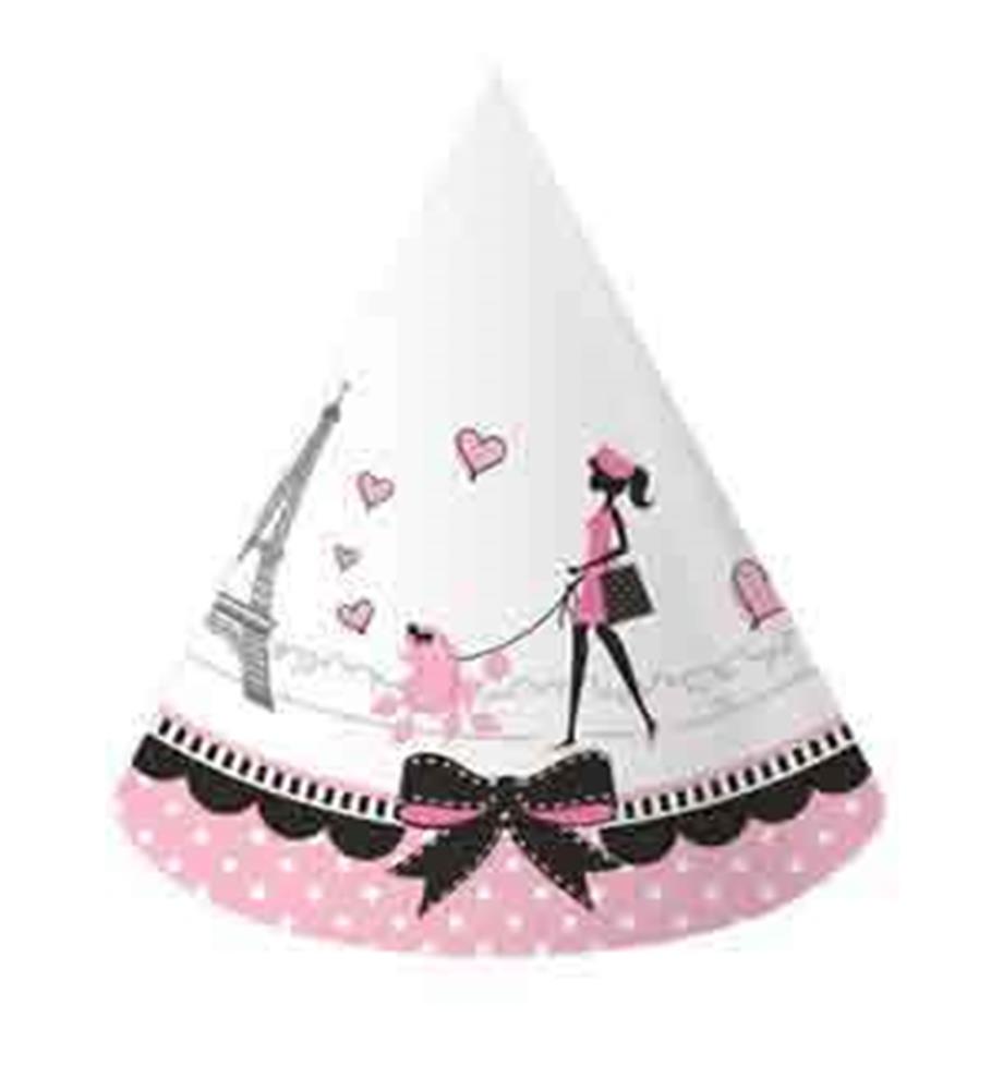 Pink and white polka dot cone party hat with Eiffel Tower, girl walking dog, and black bow details.