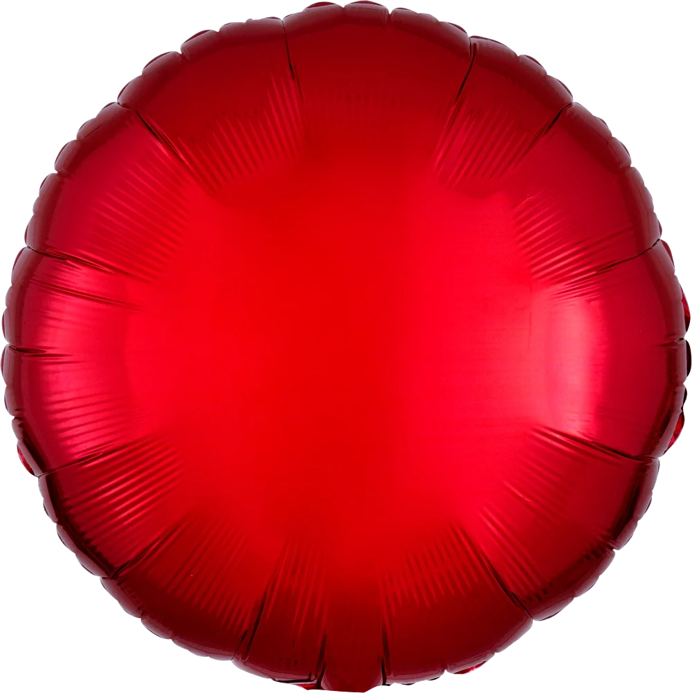 Round metallic red foil balloon, 17 inches, shiny surface with creased edges.