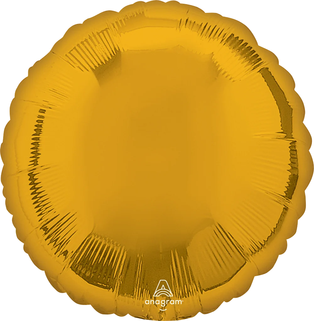 Metallic gold round foil balloon with a 17-inch diameter and smooth shiny surface.
