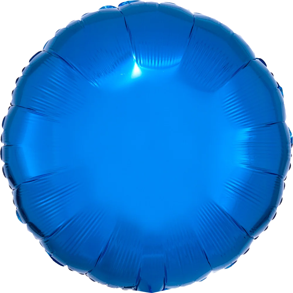 Metallic blue round foil balloon with scalloped edges, 17 inches in diameter.