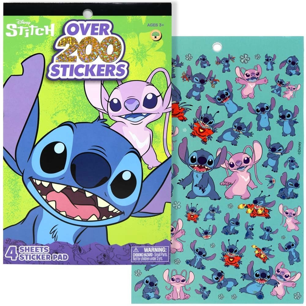 Sticker pad with bright green cover featuring large blue Stitch and smaller pink angel character, includes over 200 colorful