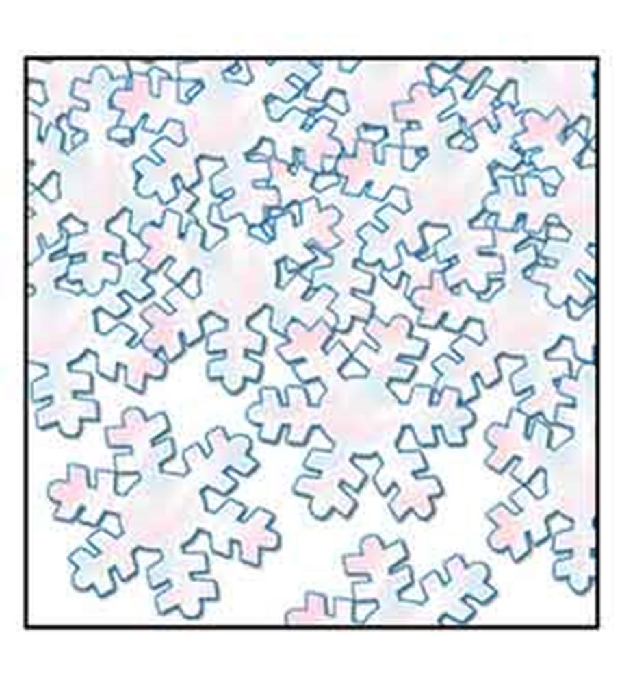 White snowflakes with blue outlines scattered on a light pink background.