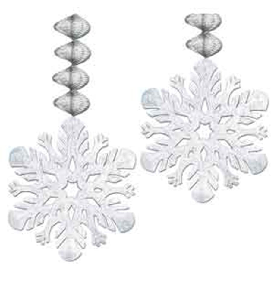 Silver foil snowflake dangle with spiral hanging decoration for holiday parties.