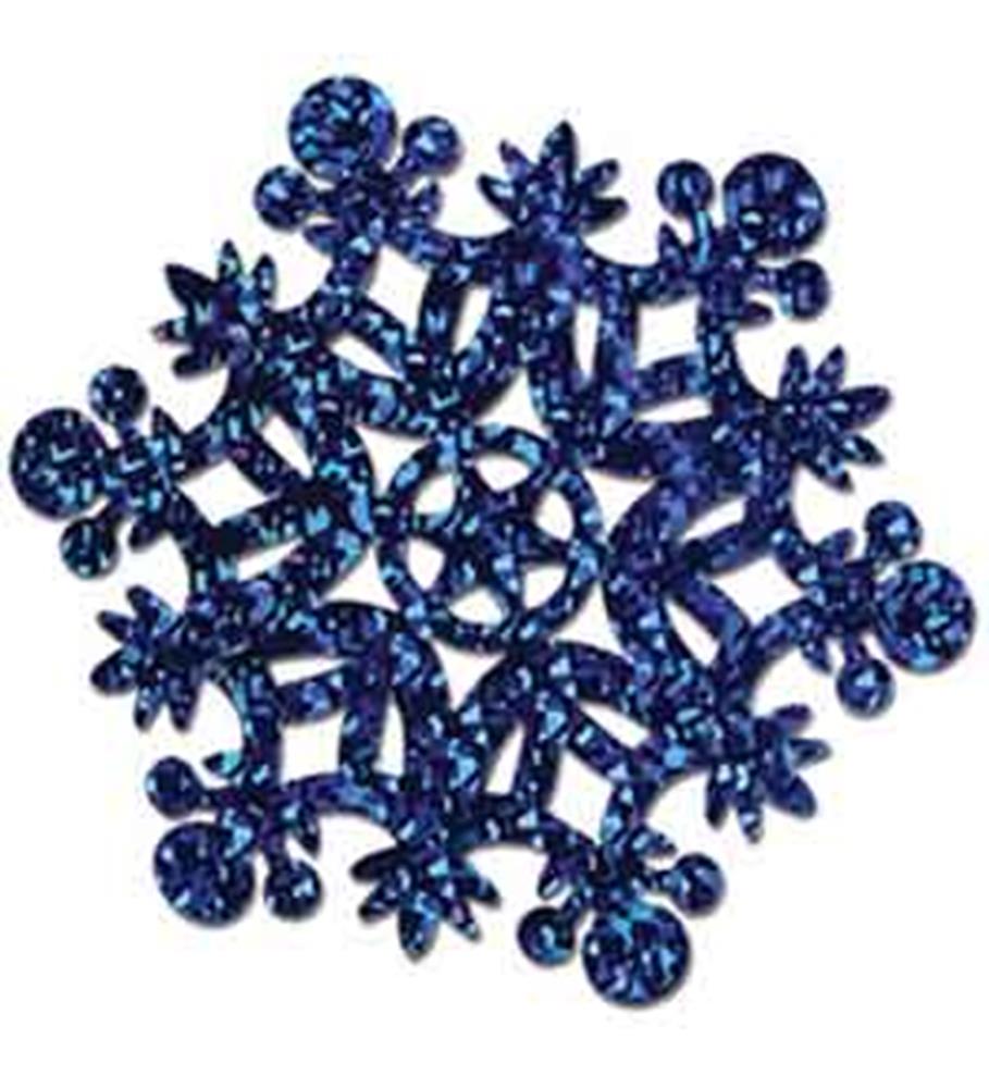Blue prismatic glitter snowflake decoration with intricate symmetrical cutouts.