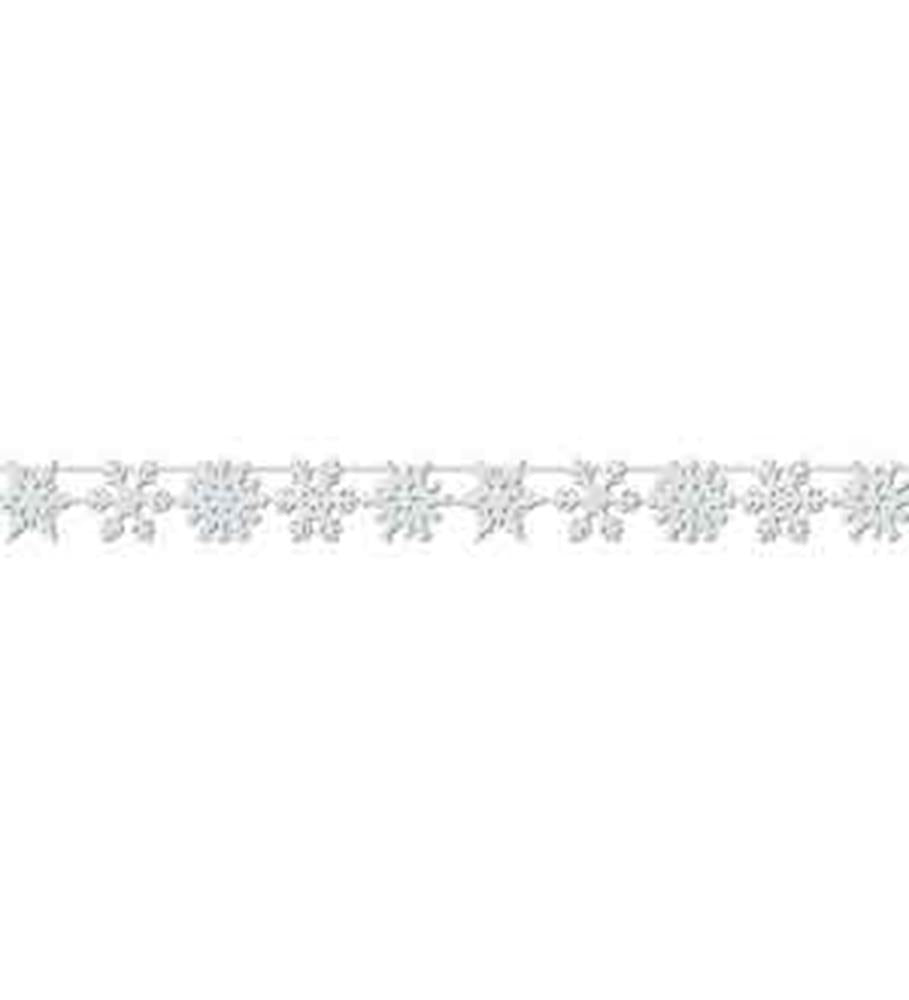 Silver glittered snowflake garland with varying snowflake designs on a thin string.