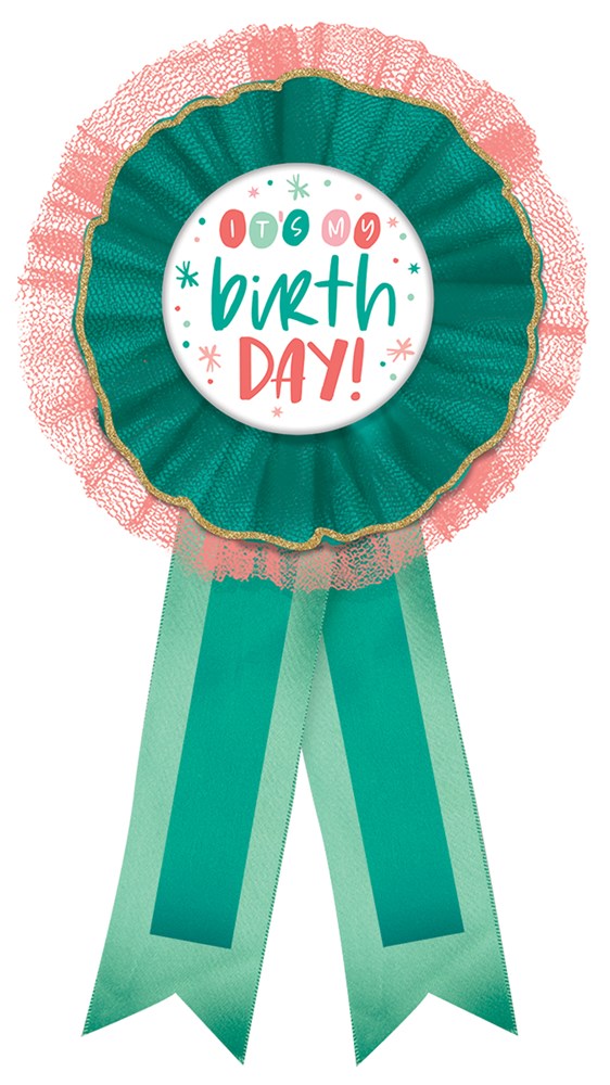 Green and pink ruffled award ribbon with "Happy Birthday" text and polka dot accents.