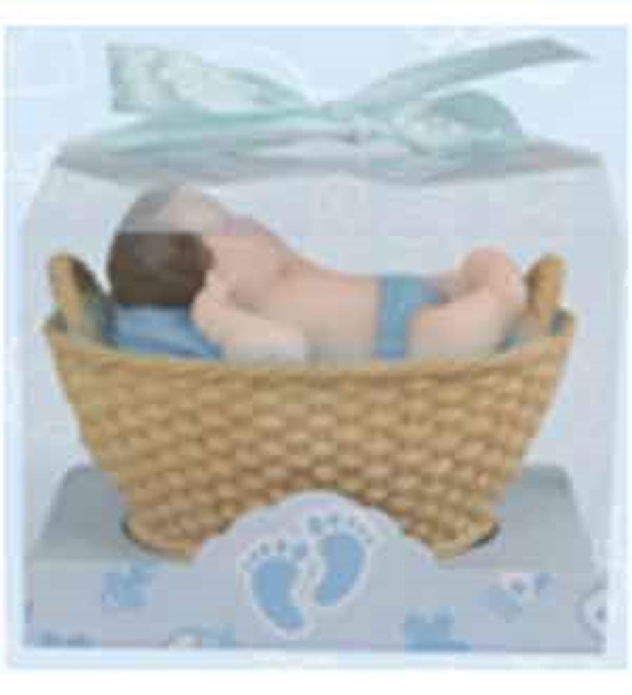 Twelve blue baby sleep in baskets with woven texture and sleeping infant figure inside, packaged in clear box with blue.