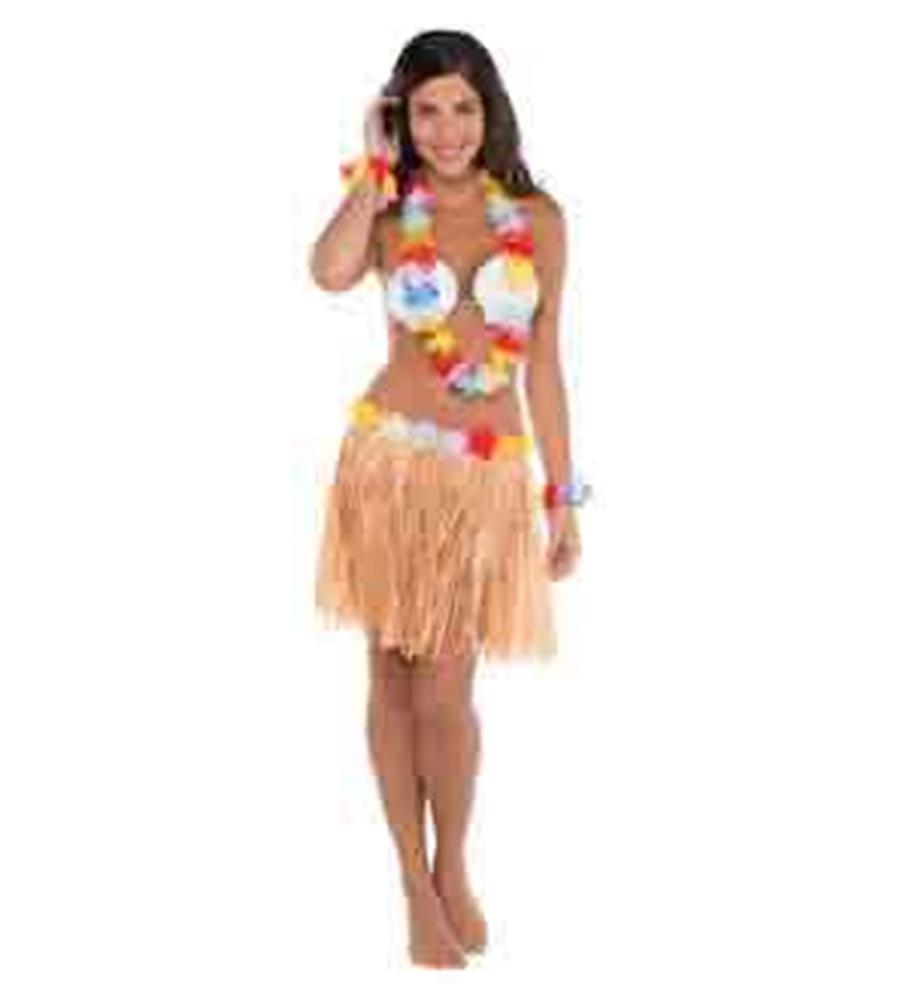 Adult hula skirt set with tan synthetic grass skirt and colorful shell-themed floral leis and wristbands.