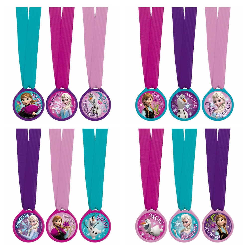 Set of 12 round Disney Frozen mini medals with colorful ribbons in blue, pink, and purple featuring Anna and Elsa.