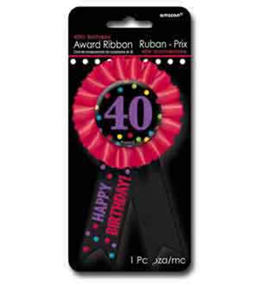 Red and black 40th birthday award ribbon with purple number and colorful confetti accents.