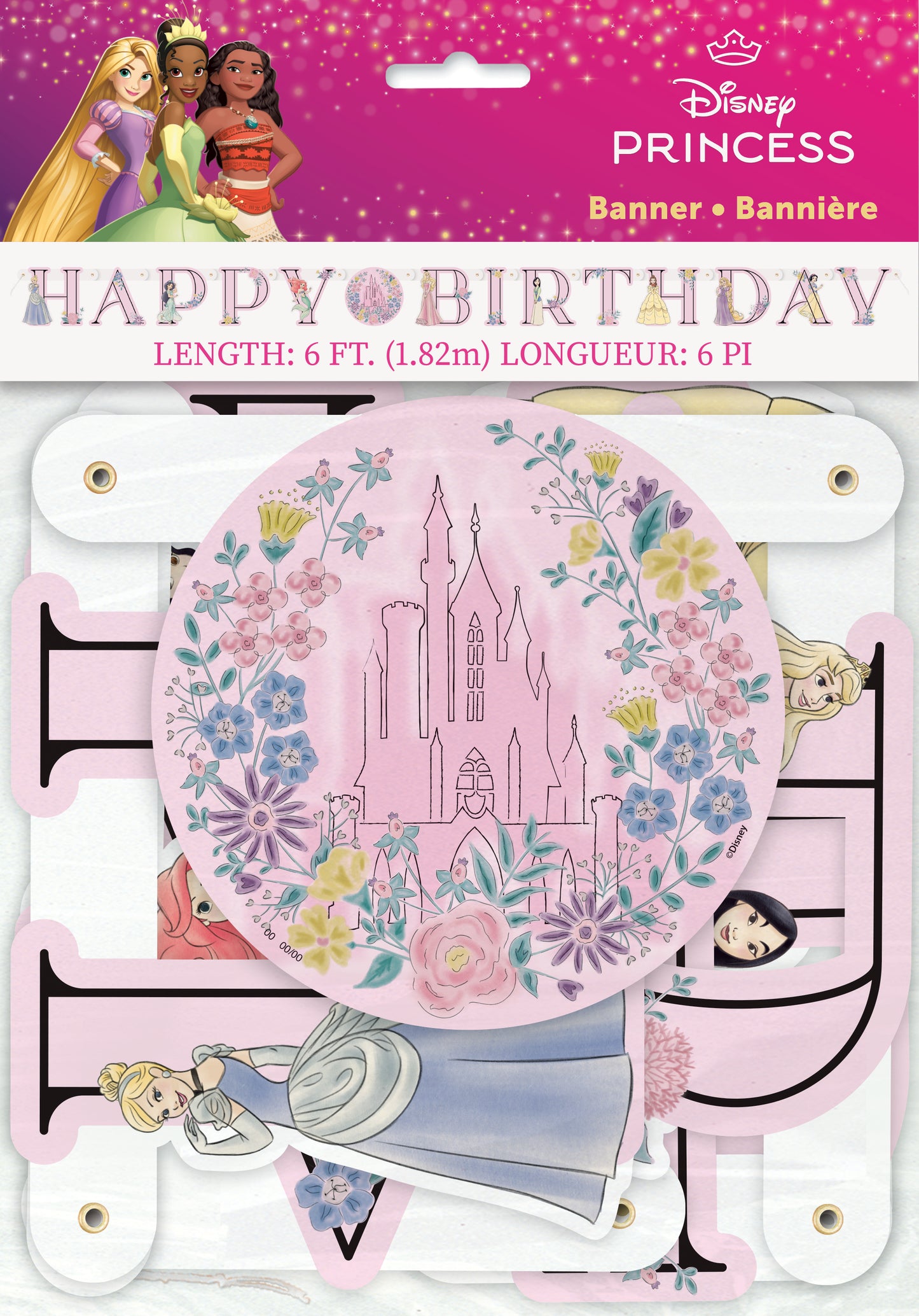 6ft jointed Disney Princess banner with pastel castle, floral accents, and princess illustrations.