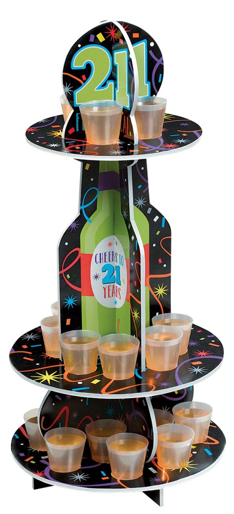 Three-tiered black shot glass holder with colorful confetti, 21st birthday text, and ten clear shot glasses.