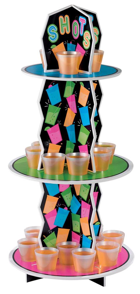 Three-tiered stand shot glass holder with colorful geometric patterns and multiple filled shot glasses.