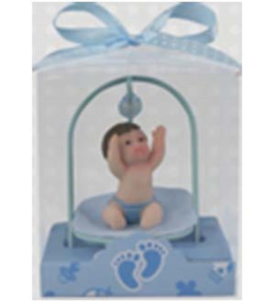 Blue wire carriage music box with a sitting baby figurine and a bow on top.