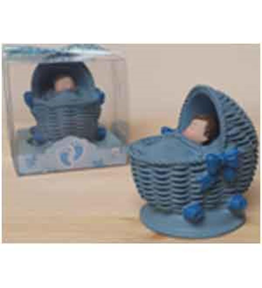 Small blue woven basket shaped like a baby carriage holding a sleeping baby figurine with a blue bow on the side.