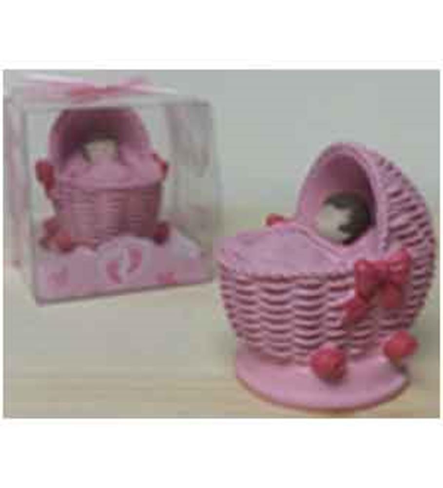 Pink woven baby carriage figurine with a sleeping baby inside and bow detail, packaged in a clear box.