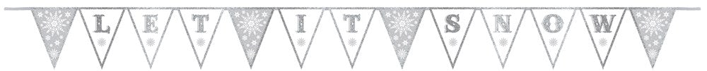 White triangular pennants spelling "LET IT SNOW" in silver glitter letters, strung on natural jute rope.