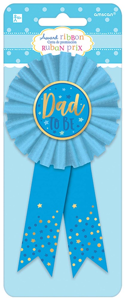 Light blue fabric award ribbon with gold text "Dad to Be" and gold confetti dots on hanging tails.