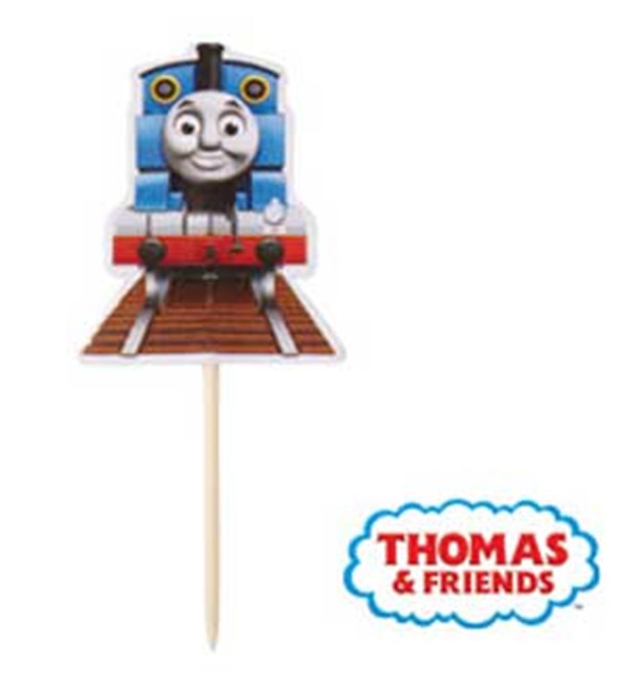 Blue cartoon train character topper with smiling face on wooden stick, Thomas & Friends logo nearby.